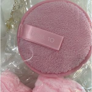 DOLL 10 BABY PINK 4 PIECE SPA SKINCARE SET PUFF, HEAD BAND AND TWO WRIST CUFFS
